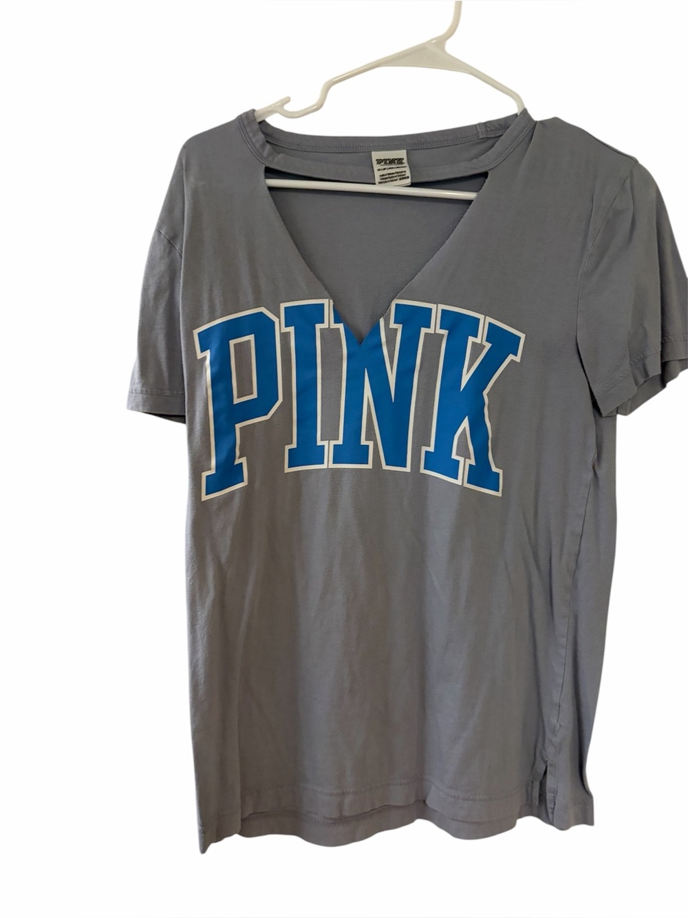 PINK Victoria's Secret Gray V-Neck Tee with Blue Logo